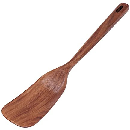 Träspatel, långt handtag platt spatel med hängande hål 33 cm teak träredskap spade omrörningspaddel med långt handtag för matlagning (träspade)