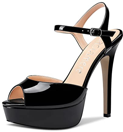 Castamere Femmes Aiguille Haut Plate-forme Talon Ouvert Bout Sandales Lanières Cheville Slingback Boucle Escarpins Mariage Party Dress Chaussures 13CM Heels Noir Vernis 38 EU