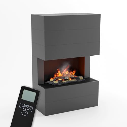 GLOW FIRE Wasserdampf Kamin TUCHOLSKY (Standkamin) - Elektrokamin mit realistischen LED 3D-Flammen, Knistereffekt & Fernbedienung, 90x140x45 cm - Opti-Myst 600 Elektro Kamin mit Holz-Deko, Grau