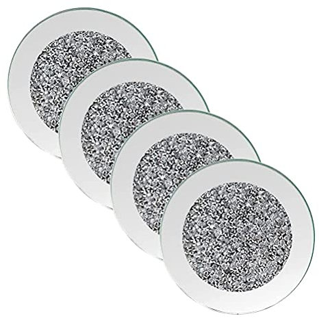 Qcwwy Sottobicchieri Diamantati, Set di 4 Sottobicchieri in Vetro a Specchio, Schiacciati da 4 Pollici, Argento