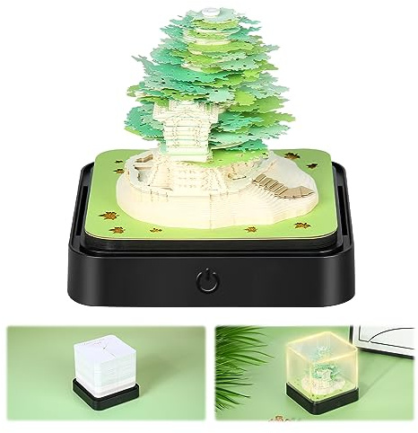 Calendrier de bureau avec lumières, calendrier de bureau 2026 3D Memo Pad Papier Art Sakura Arbre Créatif 3D Bloc-notes Papier Sculpture Cadeau Décoration de bureau (vert)