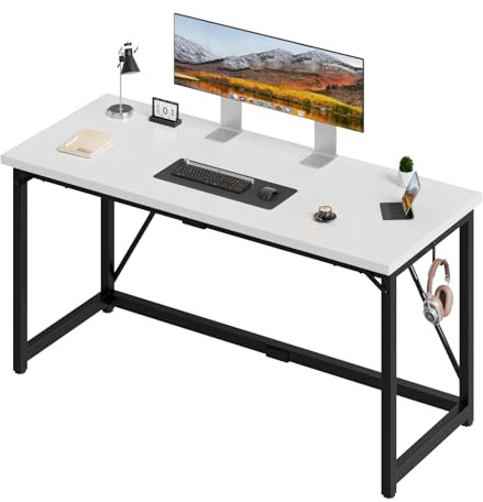 Devoko Schreibtisch 160x50x75 cm | Kleiner Computertisch mit verstellbaren Füßen & Haken | 60 kg Tragkraft, wasserfest | Für lichtdurchflutetes Homeoffice & Atelier | Weiß