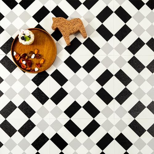 Self Adhesive Floor Tile, Vinyl Flooring Peel and Stick Floor Tiles, Waterproof Black and White Checkered Effect for Bathroom Kitchen Bedroom,30x30cm（12 X 12 inches）8 pcs(0.72㎡)