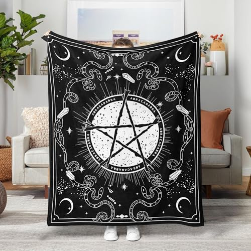 Leeisysme Manta de forro polar con pentagrama blanco y negro, diseño gótico de bruja bendecida estrella de oración acogedora decoración para la siesta, manta de regalo con luna, estrella y piedra de
