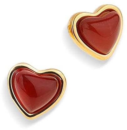 Sonateomber Gold Red Carnelian Heart Stud Earrings for Women, Valentine Dainty Cute Love Ruby Gemstone Crystal Hypoallergenic Earing Wedding Prom Jewelry Gift.