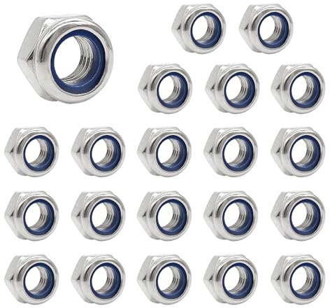 Ainkou 20pcs M6 Nyloc Steel Nuts, Nylon Inserted Hex Lock Nuts, Silver 304 Stainless Steel Self Locking Fasteners for Bolts
