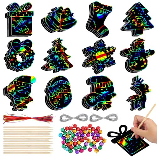 48 Stück Kratzbilder Weihnachten, Kratzbilder für Kinder, Regenbogen Kratzpapier, Weihnachten Scratch Painting Set, Mitgebsel Weihnachten Basteln Kinder (mit Band, Schnur, Bambusstift, Glöckchen)