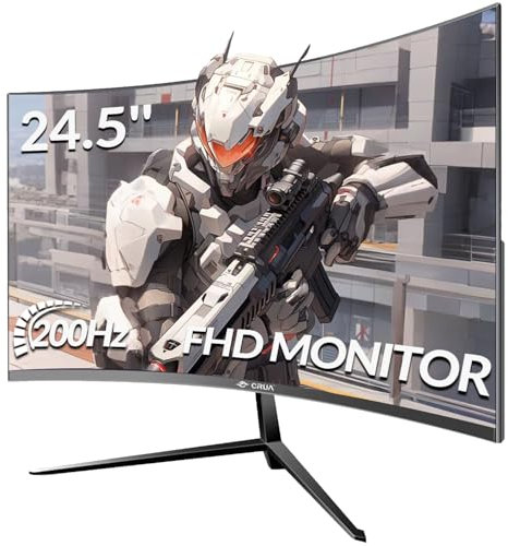 CRUA Curved Gaming PC-Monitor 24,5 Zoll 200 Hz 1920 x 1080P, FHD 1080P, Freesync-kompatibel, 100 % sRGB, Augenschutz, DP, HDMI, Schwarz