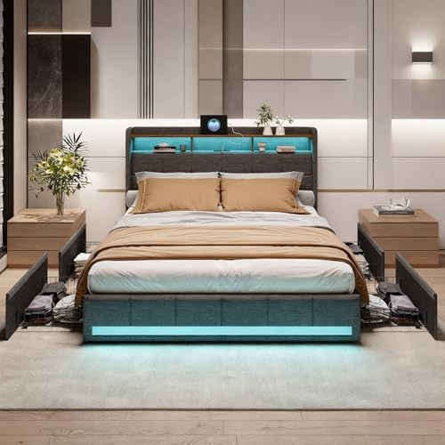 Lit 160x200 avec sommier éclairage LED et Charge USB, Lit Double rembourré avec 4 tiroirs et tête de lit de Rangement,en Lin, Lits 2 Personnes pour Adultes et Adolescents (Gris, 160 x 200 cm)