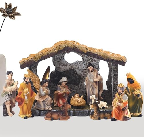 Décorations De Noël 2024 - Crèche De Noël Complète et Lumineuse, Ensemble De Nativité Avec 12 Figurines, Incluant La Crèche et Les Personnages de La Nativité