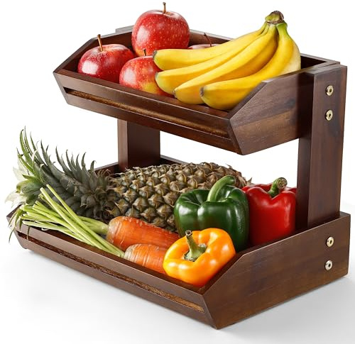 HOLANA Acacia 2 Tier Fruit Basket for Kitchen Counter Organizer – Wooden Fruit Bowl & Wooden Basket for Kitchen Counter Storage, Vegetable Produce Storage & Snack Organizer for Countertop (Walnut)