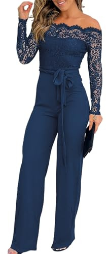 CHICME Off Shoulder Jumpsuits for Women Dressy Jumpsuits Casual One Piece Outfits Straight Leg Pants Blue-M