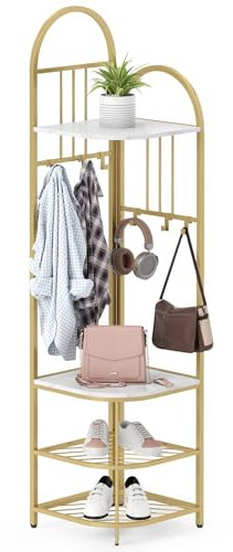 COSTWAY 180CM Garderobenständer Eck, Kleiderständer & Sitzbank & Schuhregal, inkl. 12 Haken, 4 Ebenen Aufbewahrungsregal Garderobe für Eingang, Flur, Wohnzimmer, Schlafzimmer (Gold + Marmor)