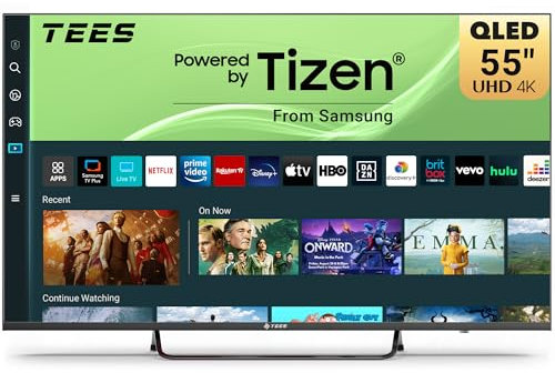 Tees 55 inch 4K QLED Smart TV, MEMC HDR10 Tizen OS UHD Central Stand Design Television with Apple TV+ BBC Netflix Freeview Display Plus Gaming Hub, Ideal Large Screen for Living Room, Made in the UK