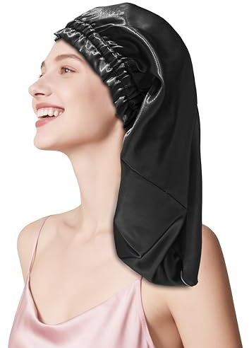 townssilk Bonnet de nuit en soie, 100% mûrier 22 momme, pour femme, luxueux, respirant, tient bien toute la nuit & sans pression, idéal pour cheveux longs et bouclés – Black 58cm
