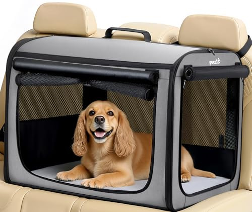 pecute Large Dog Car Carrier Light Weight, 68.5×52×52cm Dog Carrier for Cars, Portable Dog Car Crate with Breathable Windows, Stable Pet Carrier for Both Indoor and Outdoor Use, Pet Travel Crate Grey