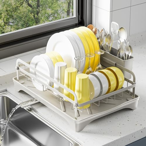 LIYI Dish Rack - Dish Racks for Kitchen Counter, Kitchen Dish Drying Rack Kitchen with Removable Utensil Holder and Drainboard, 16.5 D x 11.6 W x 6.6 H, Grey