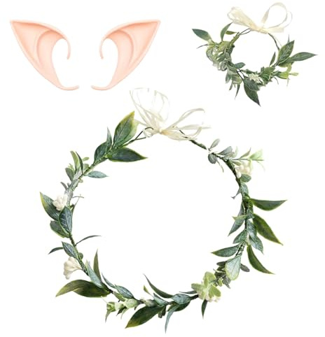 1 Couronne De Fleurs Vertes, 1 Bracelet De Fleurs Vertes Et 1 Paire D'Oreilles D'Elfe, Guirlandes De Feuilles, Remuer De Fleur, Accessoires De Cheveux Pour Filles.