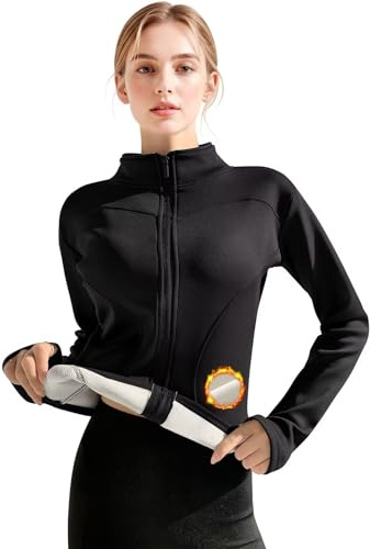 TERODACO Fleece Jacket Women Full Zip Thumb Hole Thermal Tops Womens Long Sleeve Warmth Ladies Sports Running Gym Jackets,Seamless UPF50+ Quick Dry H115 Black L