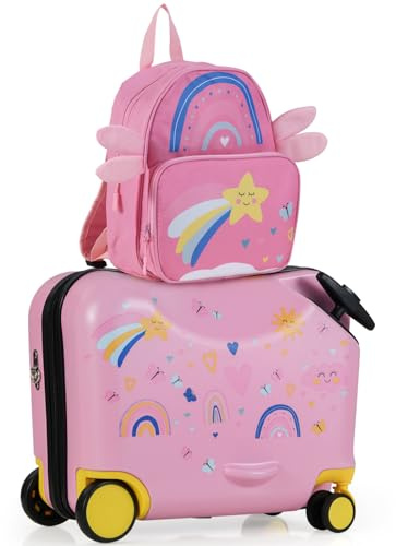 HOMFME 2PCS Kids Luggage Set, 18 Inch Children Ride on Suitcase with 12 Inch Backpack, Anti-Lose Rope, Adjustable Handle, Boys Girls Carry on Suitcase Trolley Case for Travel School (Star, Pink)