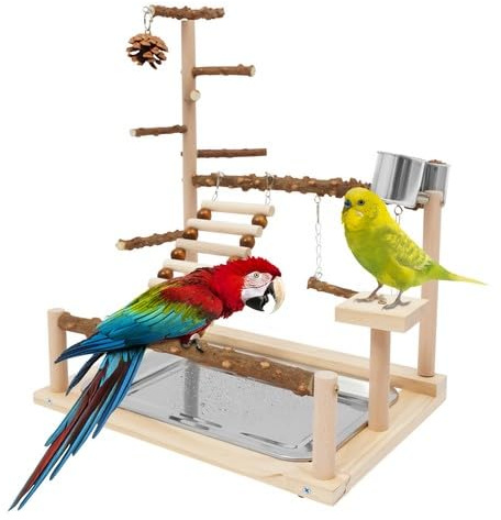 DWIKRYT Aire de jeu pour perroquets, aire de jeux pour oiseaux, support en bois avec mangeoire, balançoire, 37 x 26 x 45 cm, aire de jeu à suspendre pour oiseaux de petite et moyenne taille