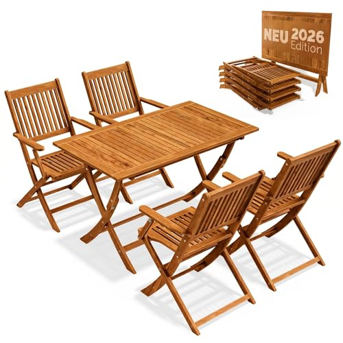 Casaria Tavolo e 4 Sedie con Braccioli da Giardino in Legno di Acacia Certificato FSC® Modello 2026 novità Tavolo Extra Robusto Pieghevole 5 Pezzi Set Mobili Esterno Balcone