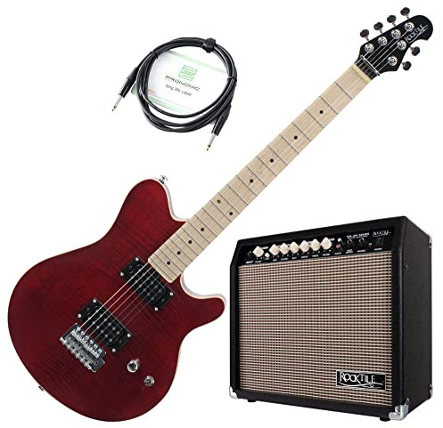 Rocktile Pro MM150-TR E-Gitarre Verstärker Set - Ahorn Griffbrett - Vintage String Thru Tremolo - 30 Watt Gitarrencombo mit 2 Kanälen (Clean/Drive) - 8 Speaker - Gitarrenkabel - Transparent Red