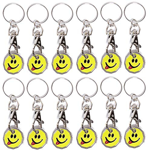 Pack of 12 x Shopping Trolley £1 Token Coin Keyring for Shop Trolley Locker etc - New £1 Coin 12 Edge Shape (12 x Smiley Tongue)