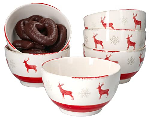 MamboCat Lot de 6 bols à pâtisserie en forme de renne - 420 ml - Pour Noël - 6 personnes - Diamètre : 14,2 cm - Bol pour céréales, salade, dessert et autres - Vaisselle en grès