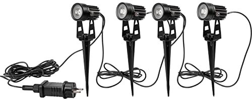 ChiliTec Gartenleuchten Set 4 Strahler mit Erdspieß - Aussenleuchten mit 230V Netzteil für Aussen - IP65 Garten Strahler Alu Druckguss Licht 3000k Warmweiss