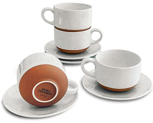 Mora Ceramics 8oz Cappuccino Mug Set of 4 - Ceramic Coffee Cups with Saucers - Microwave and Dishwasher Safe, Perfect For Tea, Espresso, Latte - Porcelain Mugs for Kitchen or Cafe - Vanilla White