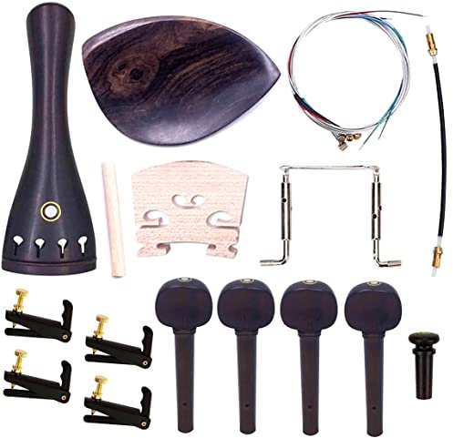 TUOREN 4/4 Full Size Violin Accessories Kit Bridge, Tailpiece, Tuning Pegs, Tunners, Endpin, Tailgut, String and Chin Rest 1 Set Violin Parts & Accessories Ebony
