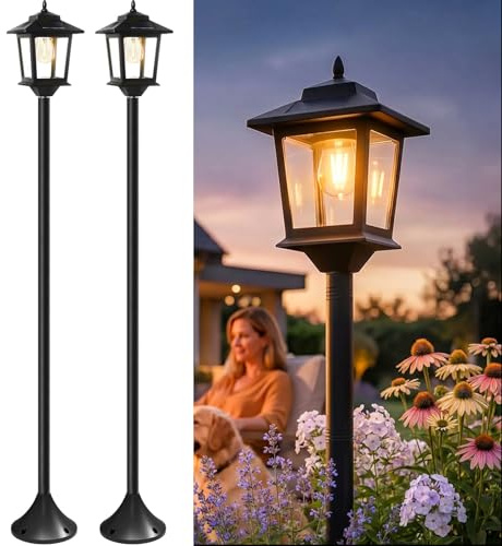 PASAMIC Outdoor Solar Post Lights, 2-Pack 63 Dusk to Dawn Solar Lamp Posts, Waterproof Floor Lamps, Warm White Pole Lights for Patio with Replaceable Bulb