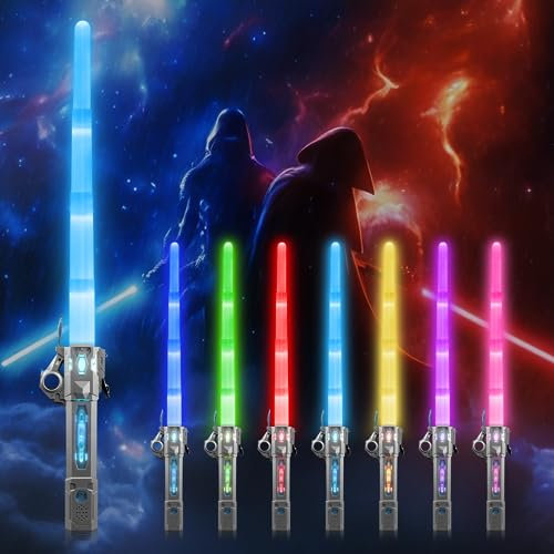 Moocuca Lichtschwert Kinder, Laserschwert Star Wars, RGB 7 Farben Led Lightsaber mit Licht und Sound, Cosplay Spielzeug Einziehbares Laserschwert Kinder, Glühendes Light Saber