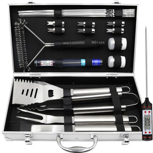 20Stücke Grillzubehör Set, Hochwertige Edelstahl Grillbesteck mit Tragbarer Grillkoffer, 41 cm Extra Langer Grillzange, Ideales Männer Geschenk, für Gasgrill,Holzkohlegrill,Elektrogrill und Grillrost