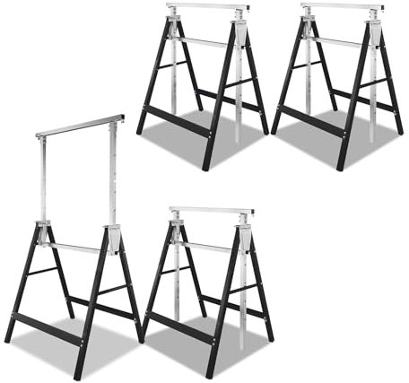 Herrselsam Juego de 4 caballetes de trabajo de altura ajustable, 7 posiciones de 80 a 130 cm, caballete de metal con gancho de sujeción, capacidad de carga de 200 kg, caballete telescópico