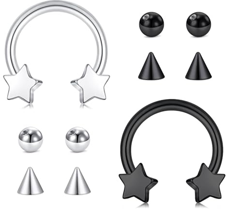 WillTen 2Pcs Septum Piercing Jewellery Horseshoe Nose Ring, Silvery Black Septum Ring with 8 Replacement Piercing Balls, Star Nose Lip Ring Helix Daith Cartilage Earring Hoop for Women