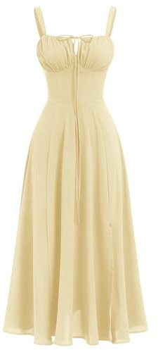 IBAKOM Robe d'Été Bohème Spaghetti Bretelles - Midi Sun Jupe Avant Fourche Swing pour Printemps, Fête, Vacances, Plage - Jaune L