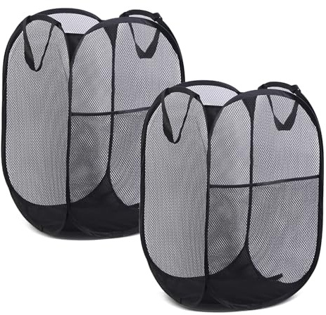 Mesh Collapsible Laundry Baskets, 2PCS Mesh Collapsible Washing Basket, 75L Pop up Laundry Hamper Basket, Folding Laundry Basket with Handles for Clothes Tidy Storage(Black)