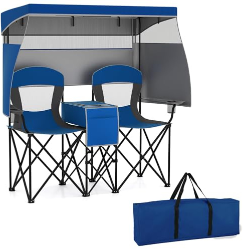 COSTWAY Campingstol med justerbart solskydd, fällstol med kylväska och mugghållare, vikbar fiskestol för 2 personer, hopfällbar stol med bärväska, för camping, sport, fiske (marinblå)