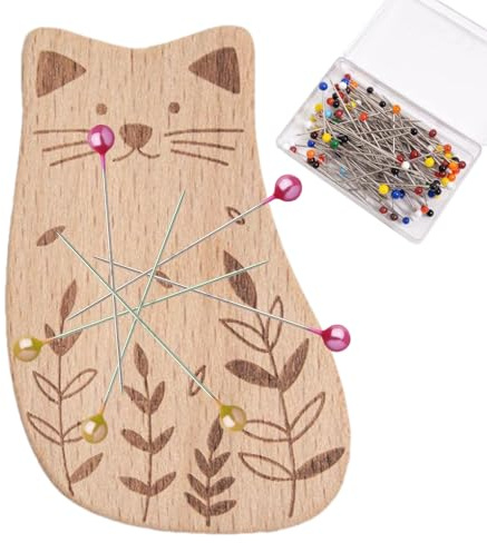 Ahuuen Magnetic Pin Holder for Sewing, Wooden Animal Shape Needle Minder, Multi-Purpose Pincushion with 100 Pins, Cartoon Paper Clip Organizer for Quilting Dressmaking Tailoring Crafting