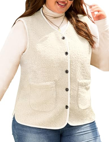 CMTOP Teddy Weste Damen Grosse Grössen Kurz Leicht Damen-Westen, Einfarbig Casual Fleeceweste Bequem Wärme Plüschweste Herbst Winter V-Ausschnitt Ärmellos Jacke mit Knöpfen, Taschen(Beige,XL)