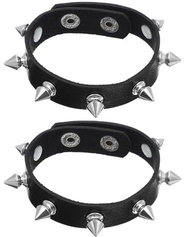 JIYIN 2Pcs Punk Rock Leather Bracelets, Adjustable Leather Studded Bracelet Black Emo Bracelets Gothic Jewelry for 80s 90s Vintage Womens Men Halloween Christmas Punk Gift(2 Short Head)