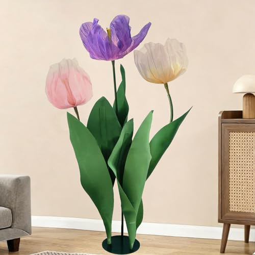 ZKALPAA 6.23 FT Giant Tulip Flowers, Large Standing Artificial Tulips with Stand, 3-Pack (Pink/Purple/Champagne) for Indoor Floor Decor, Home Living Room, Party & Event Decoration