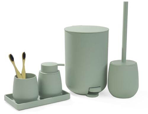 IlGruppone Set Accessori Bagno 6 Pezzi in ABS Completo – Pattumiera con Pedale, Scopino WC, Dispenser Sapone, Porta Spazzolini, Bicchiere e Vassoio Antiscivolo Design Moderno e Resistente - Salvia