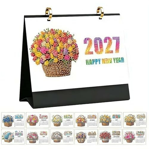 2027 DIY Diamond Art Desk Calendar Creative Design Thick Paper Alphabet Theme Gemstone Painting Art Crafts Monthly Flip,DIY Desk Calendars,for Tabletop Home Office Planning,17X21 CM