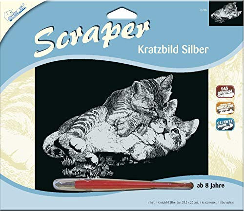 MAMMUT 137005 - Kratzbild, Motiv Kätzchen, silber, glänzend, quer, Komplettset mit Kratzmesser und Übungsblatt, Scraper, Scratch, Kritzel, Kratzset für Kinder ab 8 Jahre