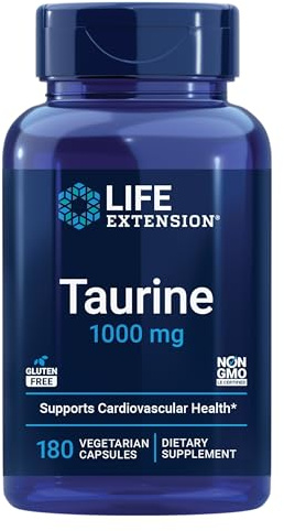 Life Extension Taurine, Pure Taurine Amino Acid Supplement, Heart, Liver and Brain Health, Longevity, Muscle and Exercise, 1000 mg, Non-GMO, Gluten-Free, Vegetarian, 180 Vegetarian Capsules