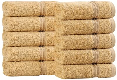 Superior Egyptian Cotton 10-Piece Face Towel Set , Small Towels For Facial, Spa, Quick Dry, Absorbent Towels, Bathroom Accessories, Guest Bath, Home Essentials, Washcloth, Airbnb, Gold