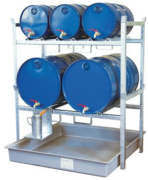 Fassregal, Stahl verzinkt, mit Fassauflage für 2x2 00-l-Fässer und 3x60-l-Fässer, GFK-Auffangwanne 22